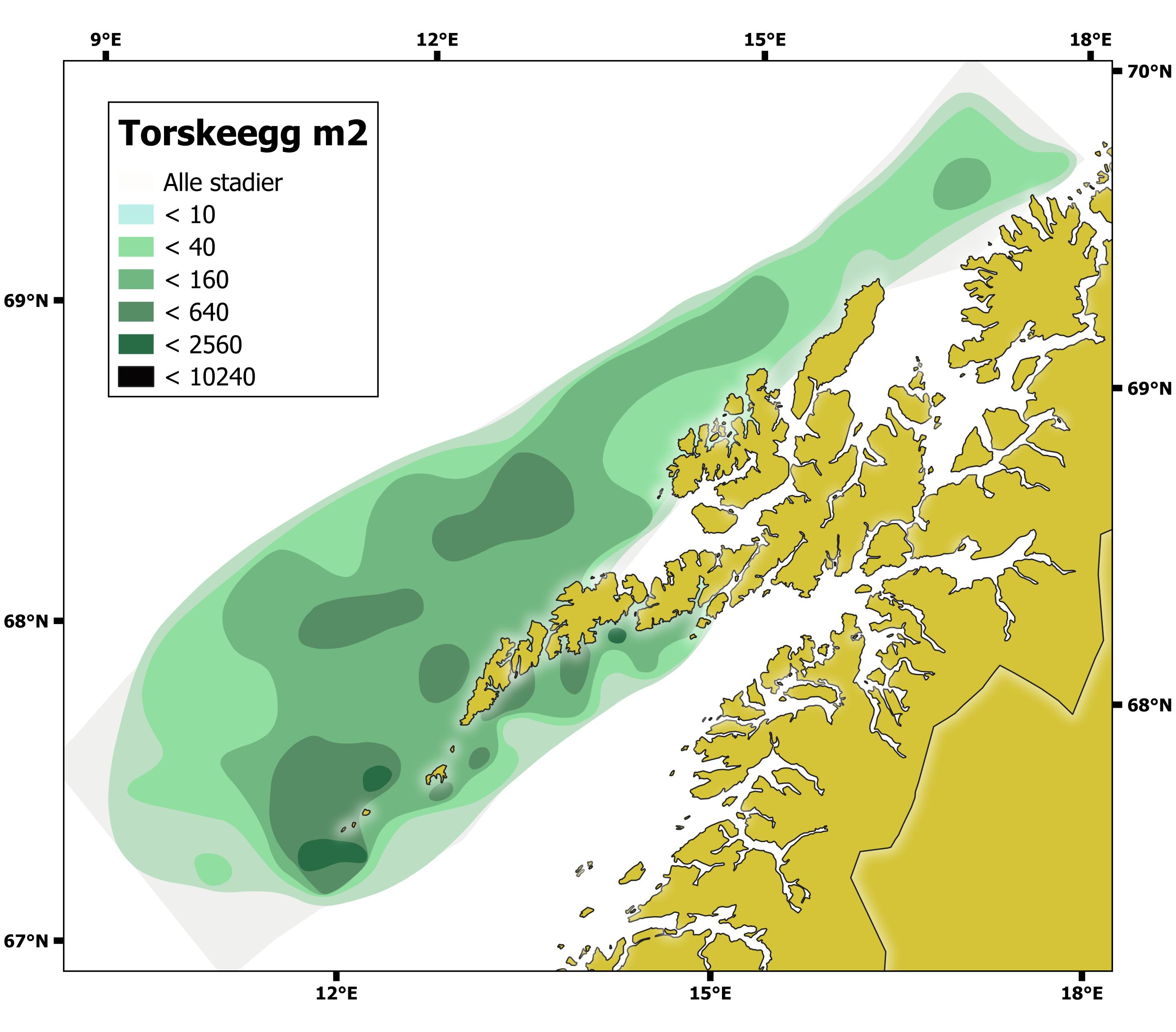 Utbredelse av torskeegg for skreitokt 2024