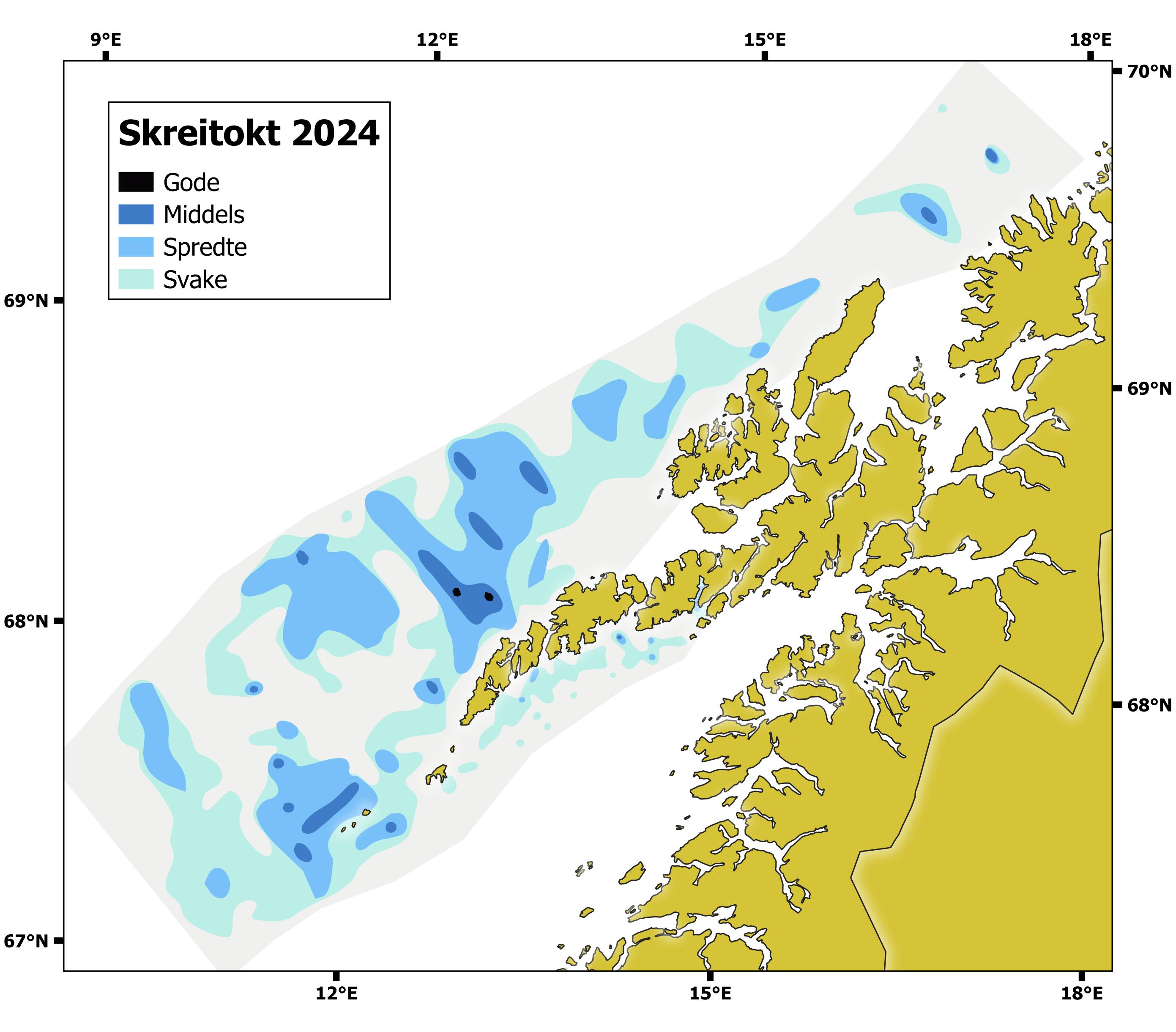 Goegrafisk utbredelse av torsk for skreitoktet 2024