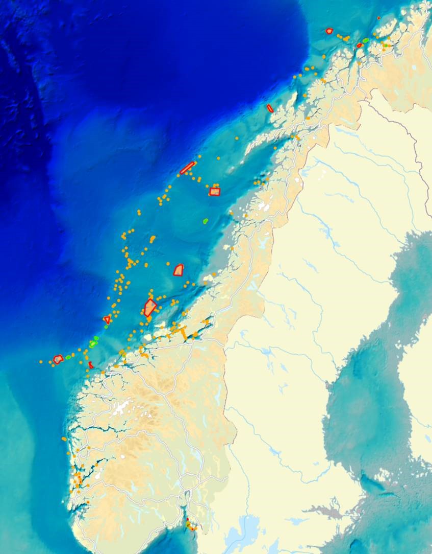 Kart over Norge som viser funnsteder for koraller i norske farvann
