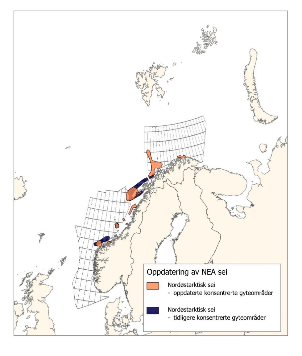 Kart over norske farvann der tidligere og oppdatert gytekart for NEA sei er markert