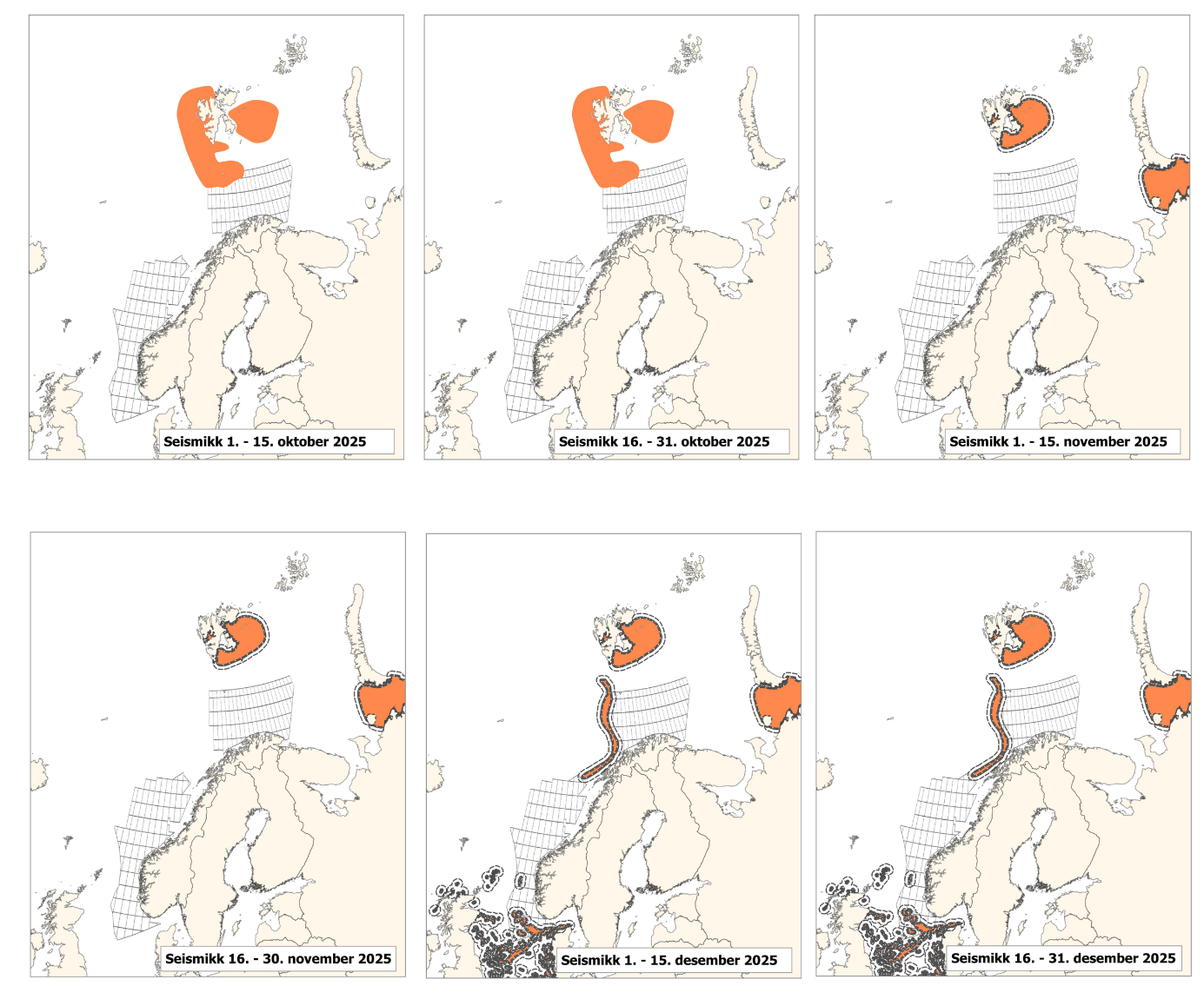 Figurer som viser rådgivningsskart for seismikk for ulike perioder