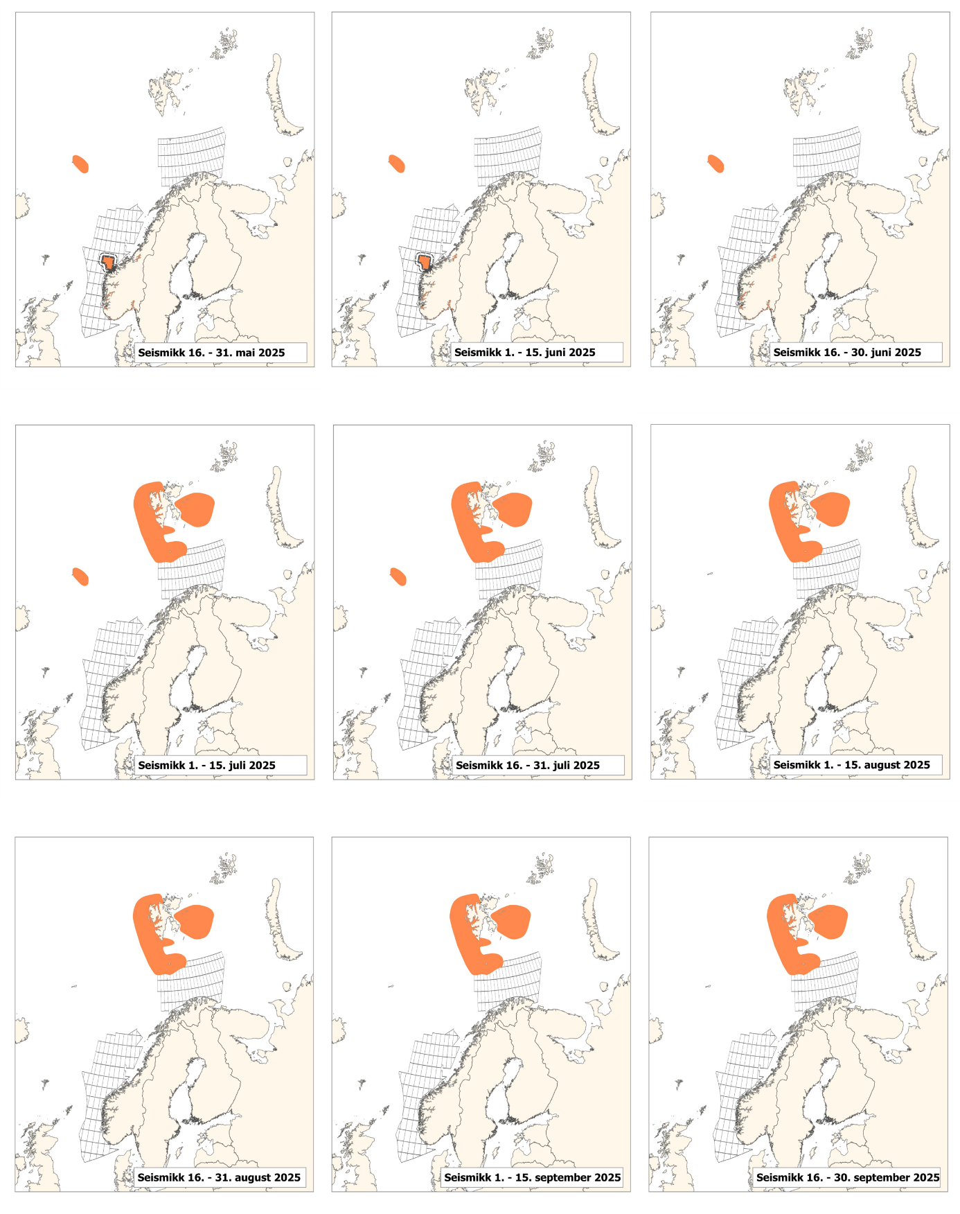 Figurer som viser rådgivningskart for seismikk for ulike perioder