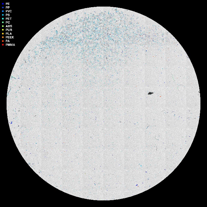 Bildet er generert av HI sin databehandlingspipeline basert på µIR-analysen og viser mikroplastpartikler «fargelagt». 