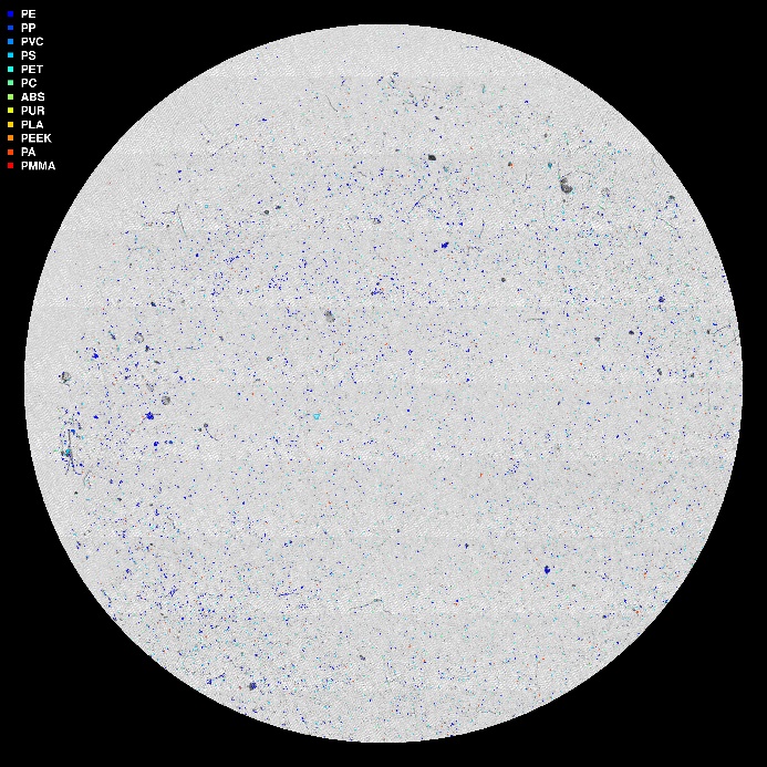 Bildet er generert av HI sin databehandlingspipeline basert på µIR-analysen og viser mikroplastpartikler «fargelagt». 