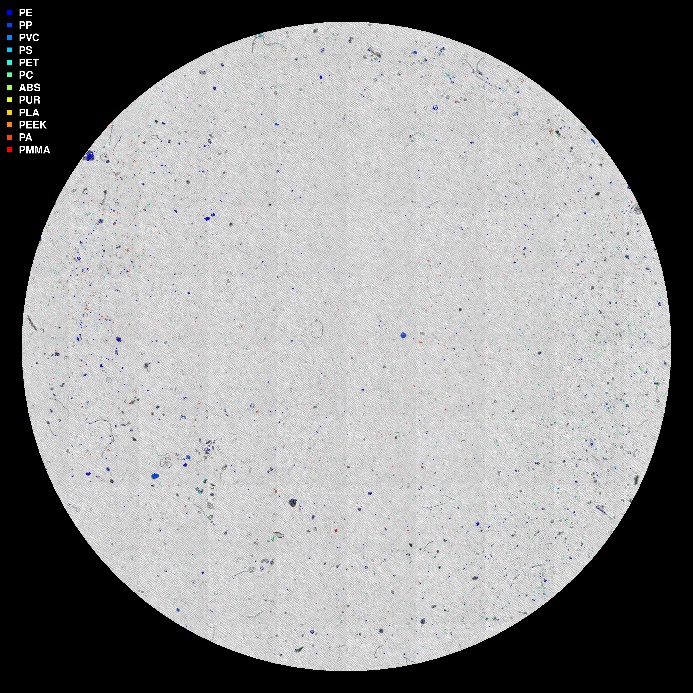Bildet er generert av HI sin databehandlingspipeline basert på µIR-analysen og viser mikroplastpartikler «fargelagt». 