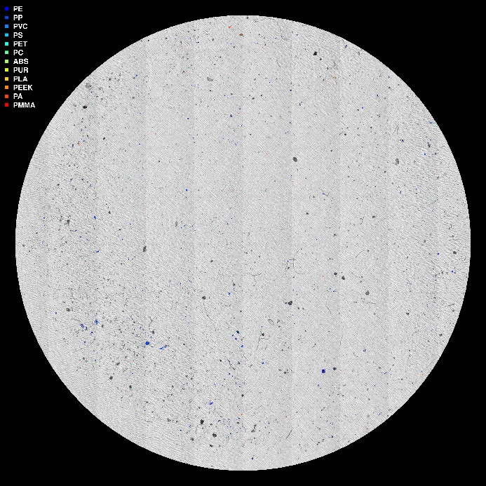 Bildet er generert av HI sin databehandlingspipeline basert på µIR-analysen og viser mikroplastpartikler «fargelagt». 