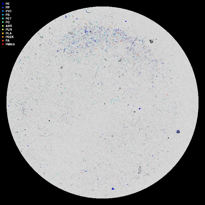 Bildet er generert av HI sin databehandlingspipeline basert på µIR-analysen og viser mikroplastpartikler «fargelagt». 