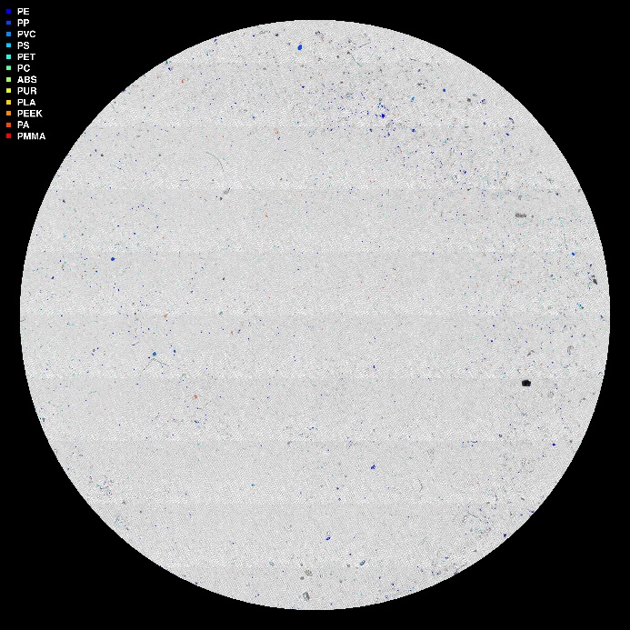 Bildet er generert av HI sin databehandlingspipeline basert på µIR-analysen og viser mikroplastpartikler «fargelagt». 