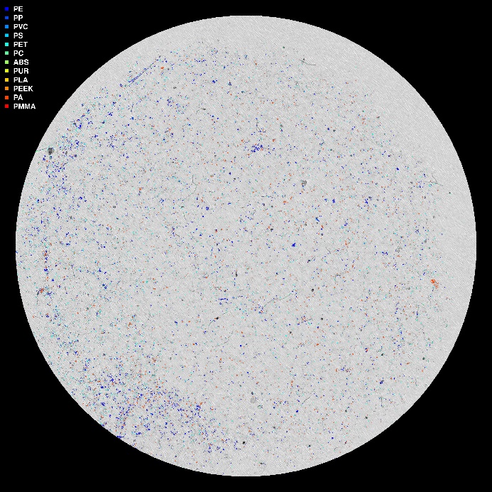 Bildet er generert av HI sin databehandlingspipeline basert på µIR-analysen og viser mikroplastpartikler «fargelagt». 