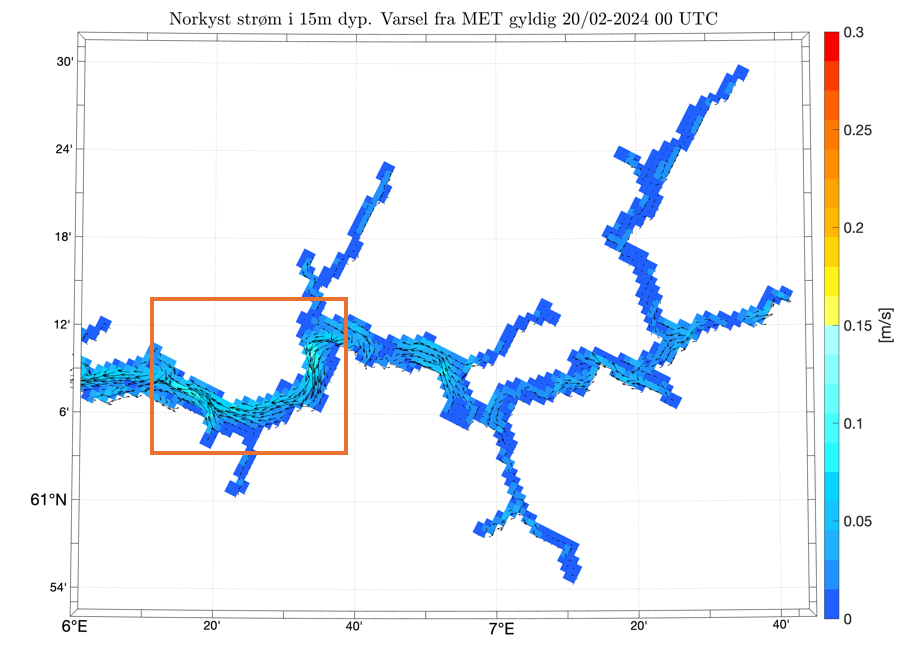 Norkyst ocean currents, 15 m depth, 20.02.2024, 00 UTC