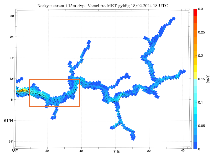 Norkyst ocean currents, 15 m depth, 18.02.2024, 18 UTC