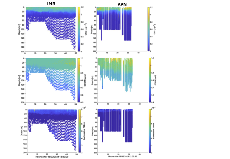 Figure 9. Chlorophyll a (top row), CDOM (middle row) and Backscatter 700nm (bottom row) for the Seabird Eco-Triplet sensor on the IMR (Left column) and APN Slocum gliders (right column). Note that data has not been calibrated or corrected. 