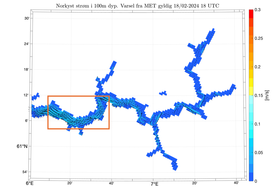 Norkyst ocean currents, 100 m depth, 18.02.2024, 18 UTC