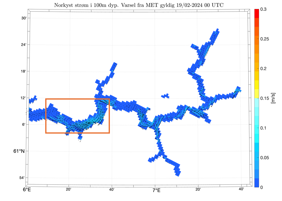 Norkyst ocean currents, 100 m depth, 19.02.2024, 00 UTC