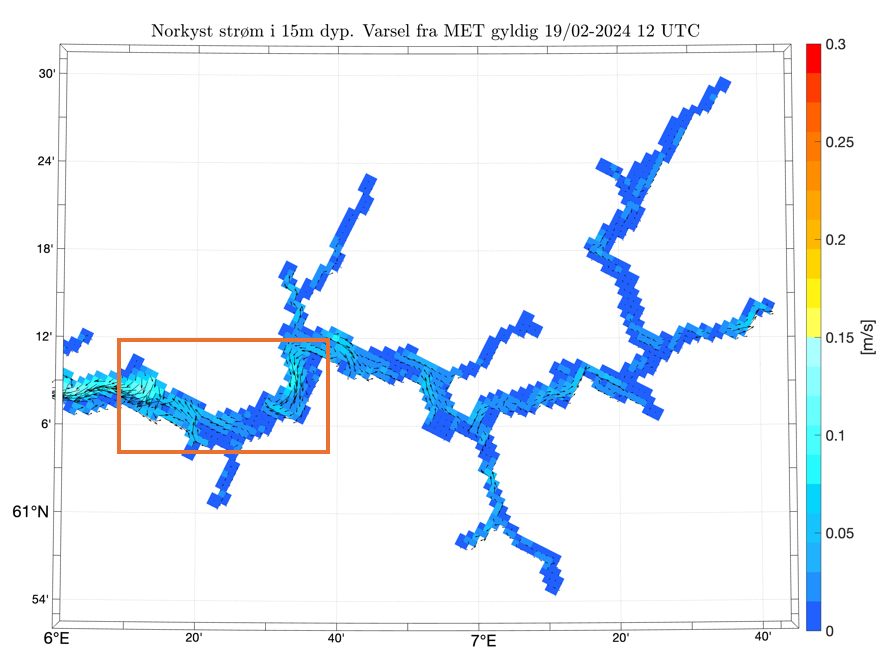 Norkyst ocean currents, 15 m depth, 19.02.2024, 12 UTC