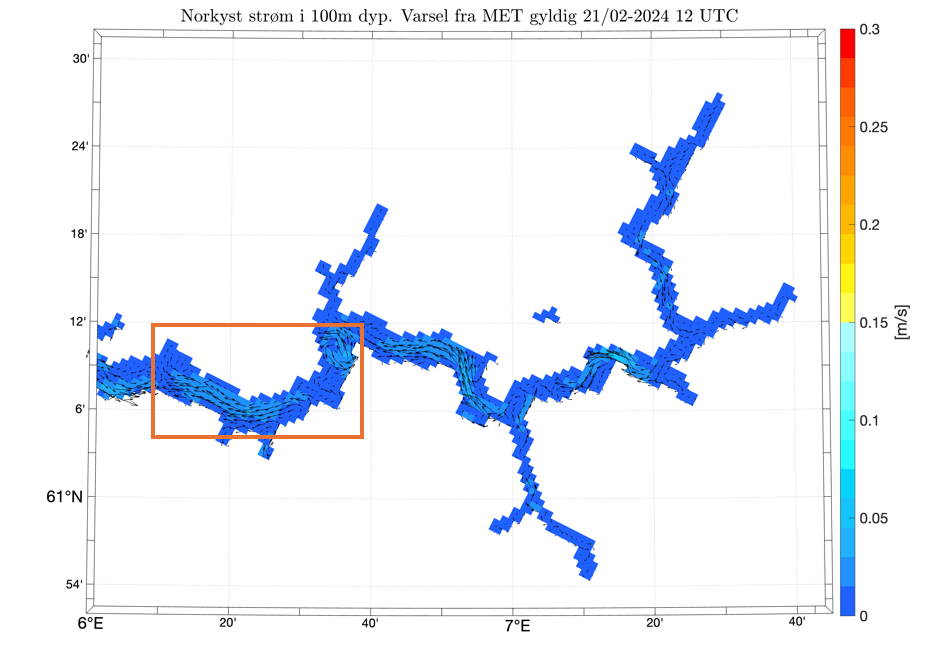 Norkyst ocean currents, 100 m depth, 21.02.2024, 12 UTC