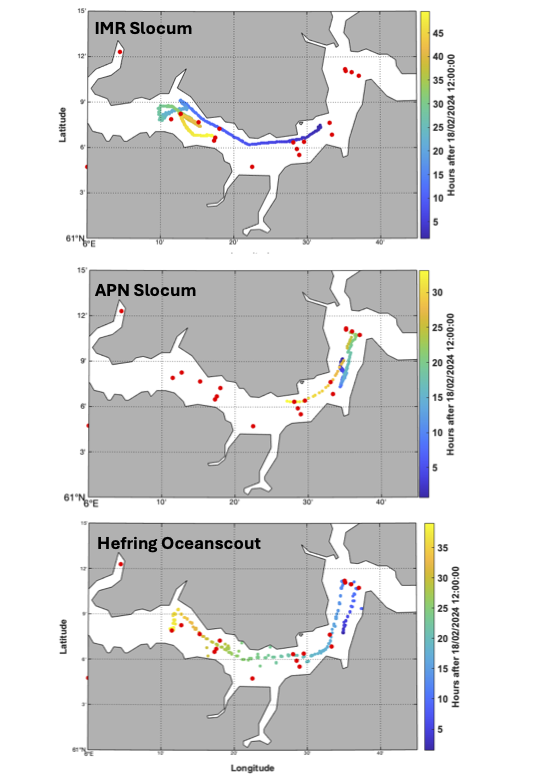 Figure 2. Tracks of glider deployments. The maps for each individual glider are color-coded by hour from 12:00:00 18/02/2024 UTC which was roughly when all gliders were deployed to visualize the progress of each glider. Note that scattered position points do not correspond to a single surfacing but may include interpolated positions during dives. Red dots in all panels mark the ship CTD stations.