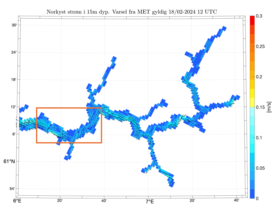 Norkyst ocean currents, 15 m depth, 18.02.2024, 12 UTC