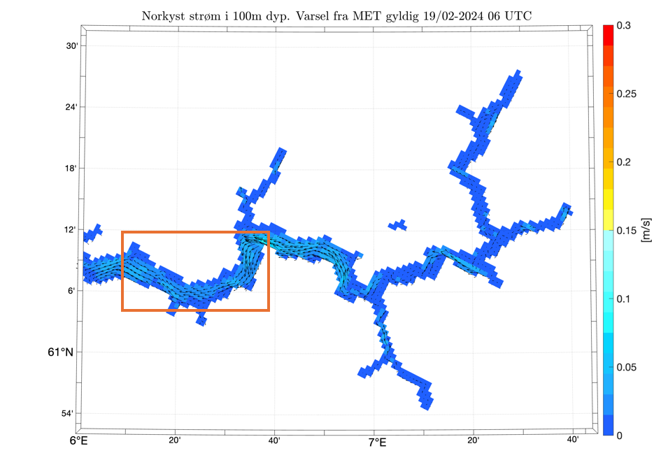 Norkyst ocean currents, 100 m depth, 19.02.2024, 06 UTC