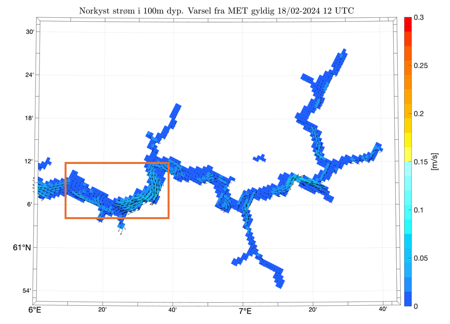 Norkyst ocean currents, 100 m depth, 18.02.2024, 12 UTC