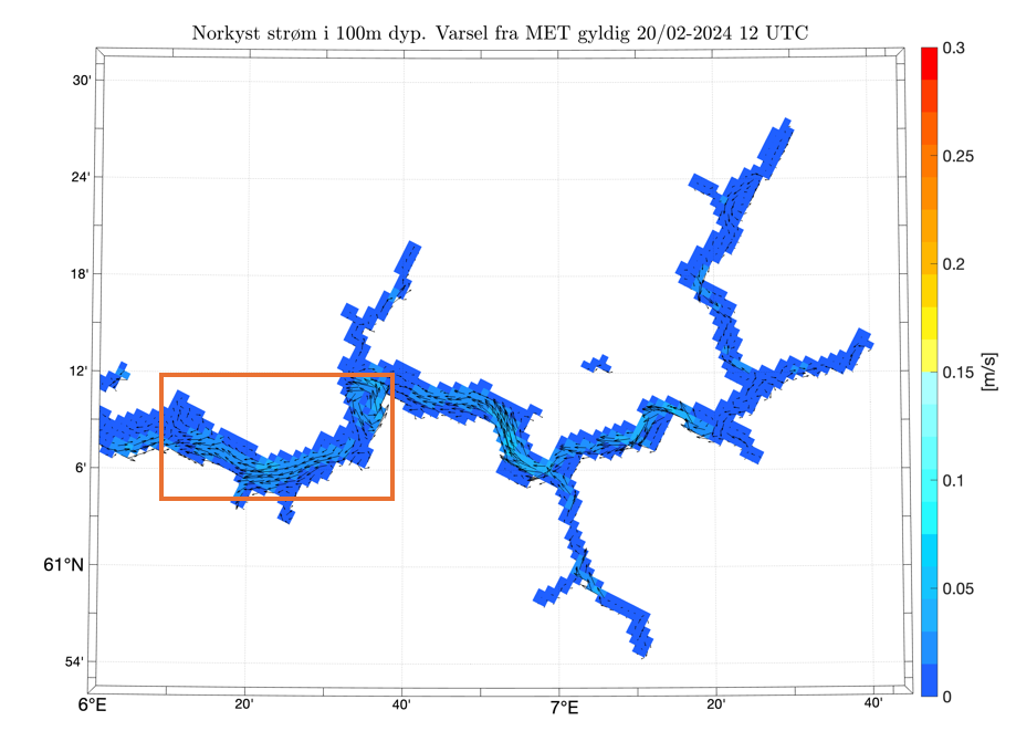 Norkyst ocean currents, 100 m depth, 20.02.2024, 12 UTC