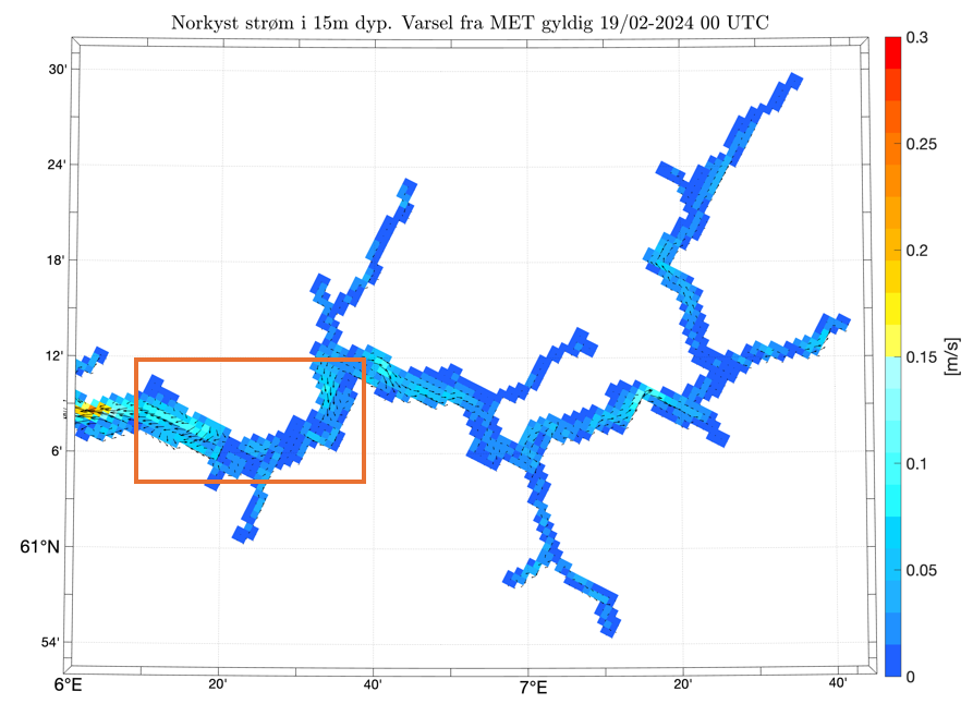 Norkyst ocean currents, 15 m depth, 19.02.2024, 00 UTC