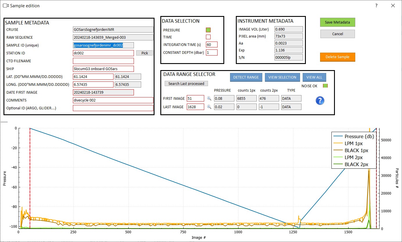 Figure 13. UVP App’s representation of a single sample (= one descent-ascent cycle) extracted from the 72 yo-yo dives. The “good” image range is depicted in the “data range selector”. Details of each of these samples are available at the EcoPart project page (https://ecopart.obs-vlfr.fr/prj/898).