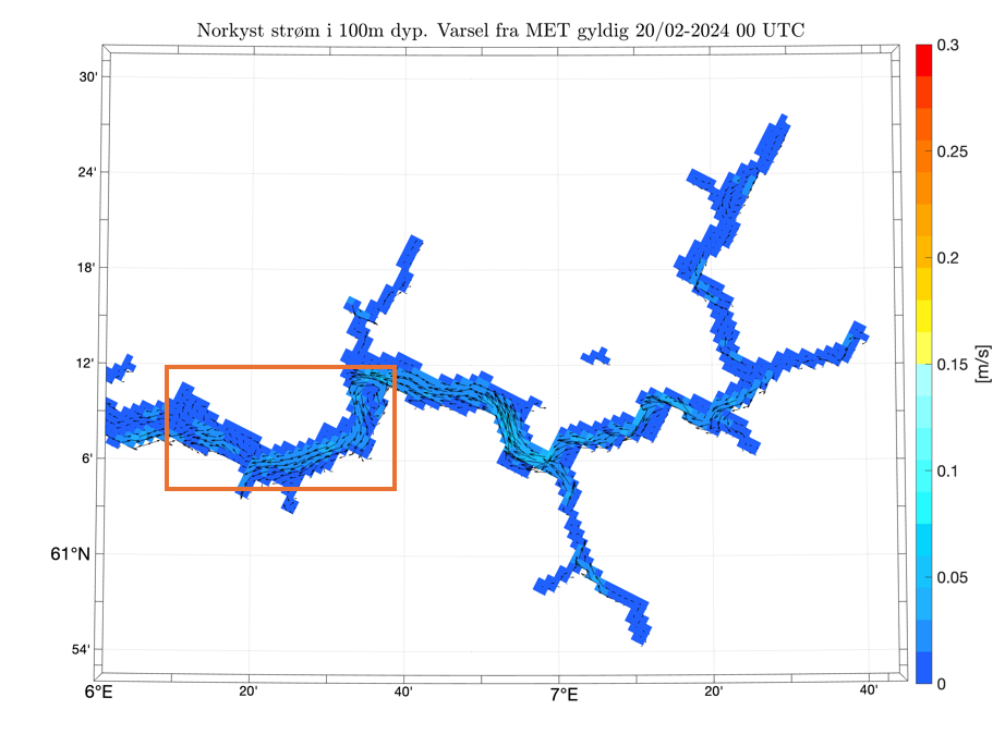 Norkyst ocean currents, 100 m depth, 20.02.2024, 00 UTC