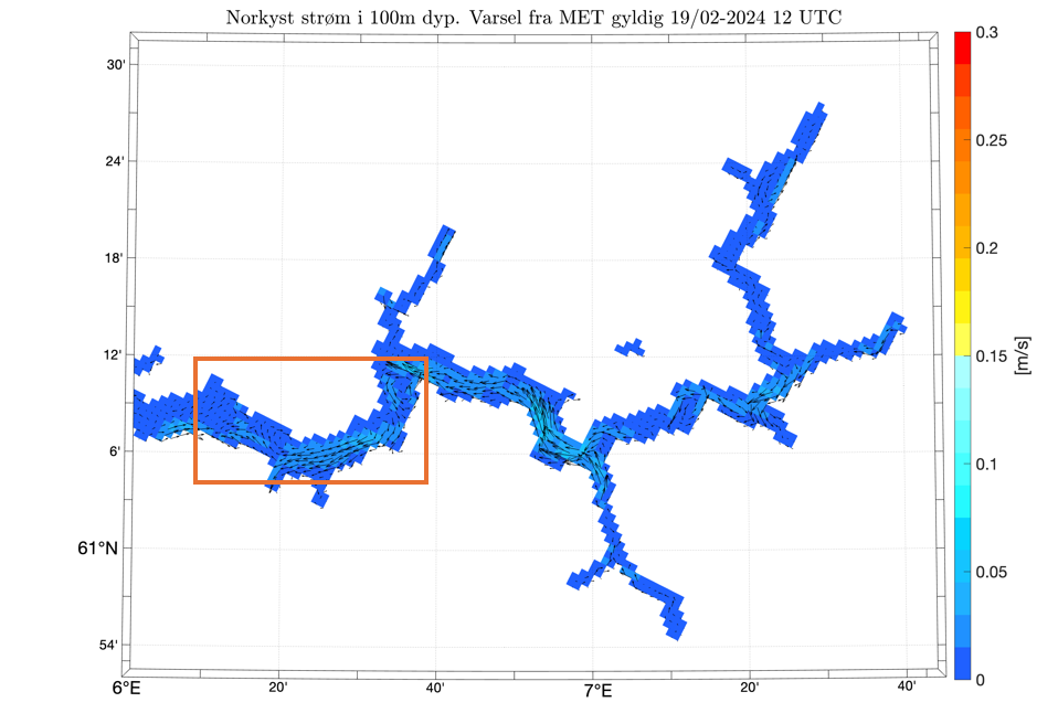 Norkyst ocean currents, 100 m depth, 19.02.2024, 12 UTC