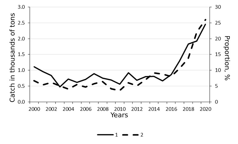 Catch of golden redfish compared to the frequency of its occurrence in cod catches: 1 — Russian catch of golden redfish; 2 — portion of cod catches containing golden redfish bycatch.