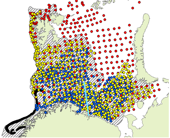 Map over the Barents Sea with the Kola oceanographic section (turquoise) and the distribution area (hatched) and main spawning ground (black) from the most recent official map from IMR.