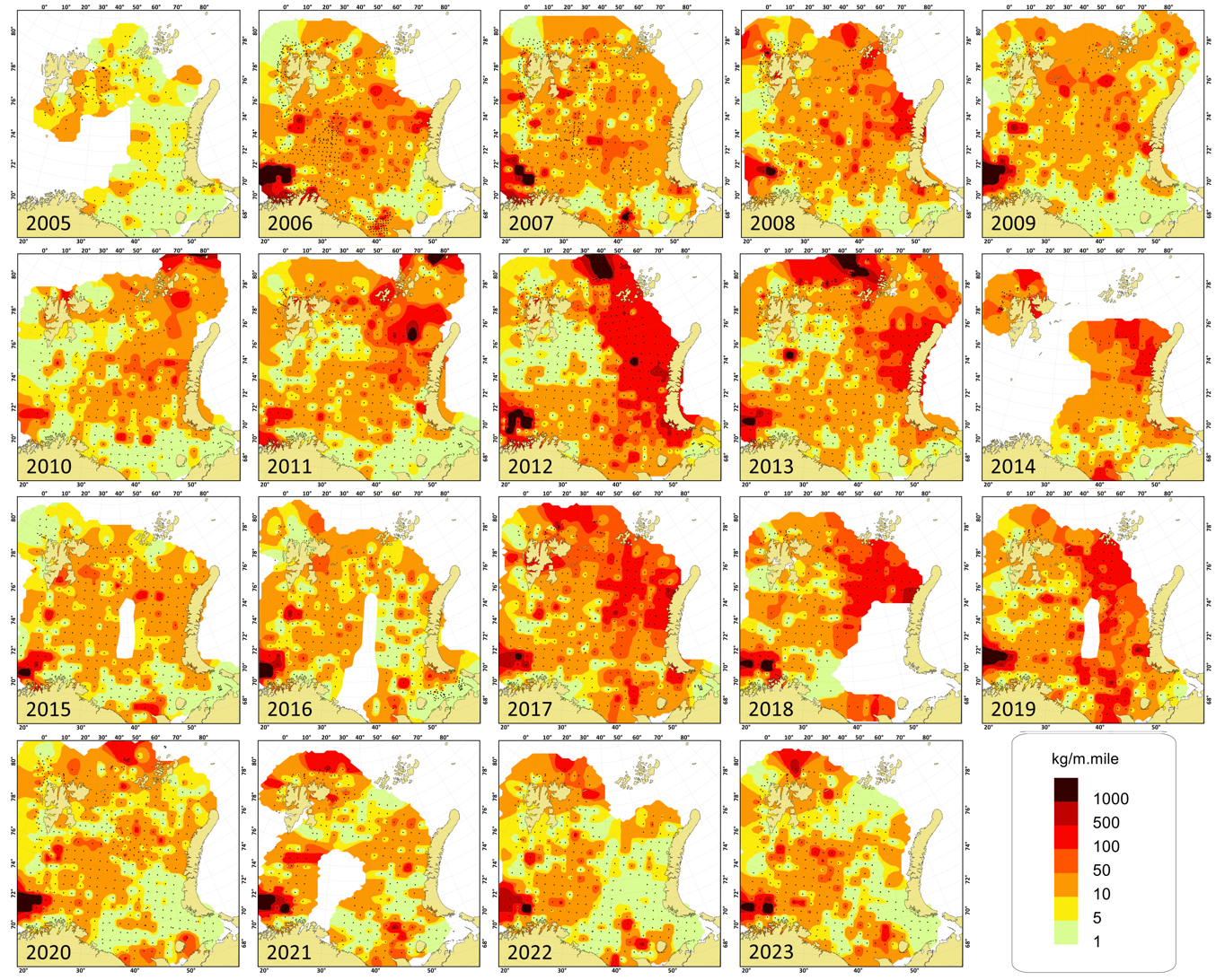 The spatial extrapolated benthos biomass across sampled stations for the period 2005-2023.