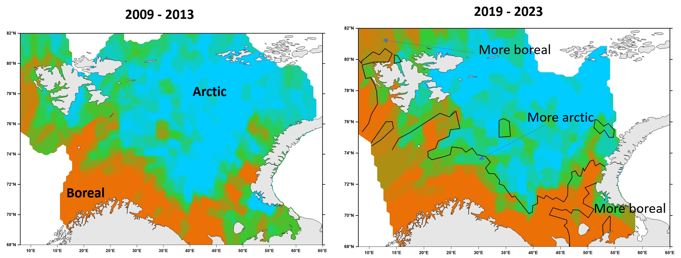 The extrapolated boreal (red) vs arctic (blue) dominance of benthos biomass for the two periods 2009-2013 and 2019-2023.