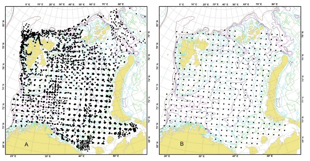 Position of bottom trawls in 2006-2020 (A) and the standard grid of stations (B) in the joint Russian-Norwegian Ecosystem Survey