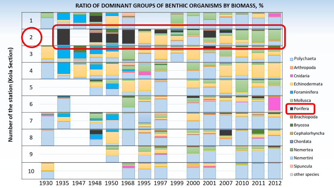 Ratio of dominant groups of benthic organisms by biomass, %.