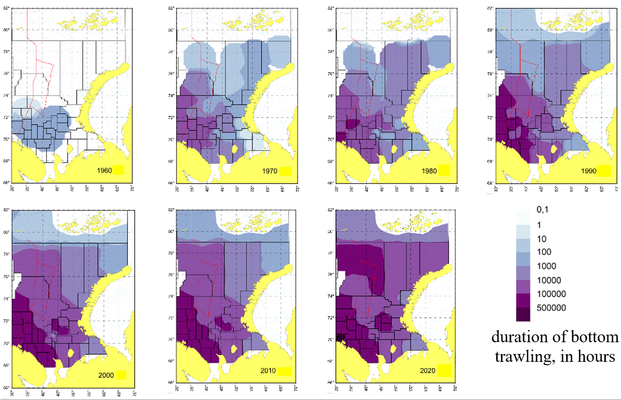 Cumulative trawl load in the Russian economy zone of the Barents Sea from 1960 to 2020