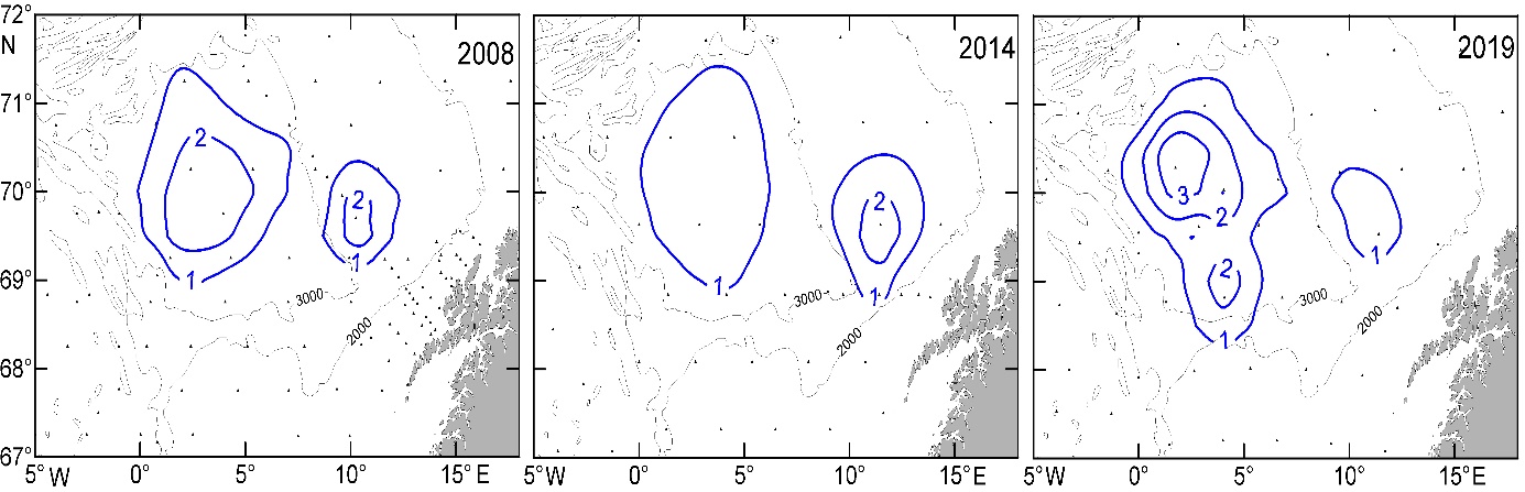 Positions of isotherms (°C) at 800 m in the Lofoten Basin area in May 2008, 2014 and 2019. Dots indicate the position of oceanographic stations and thin lines indicate isobaths