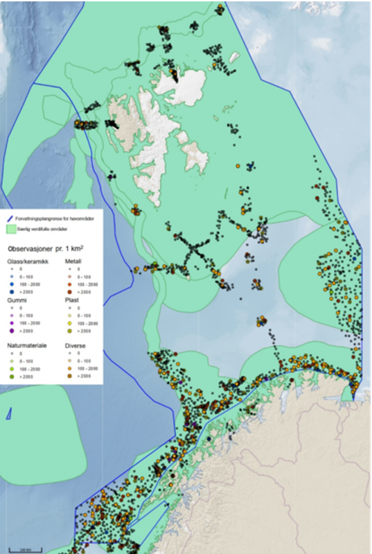 Kart over registreringer av søppel på havbunnen i Barentshavet registrert av Mareano. Grønne områder indikerer særlig verdifulle og sårbare områder (SVO) definert av faglig forum.