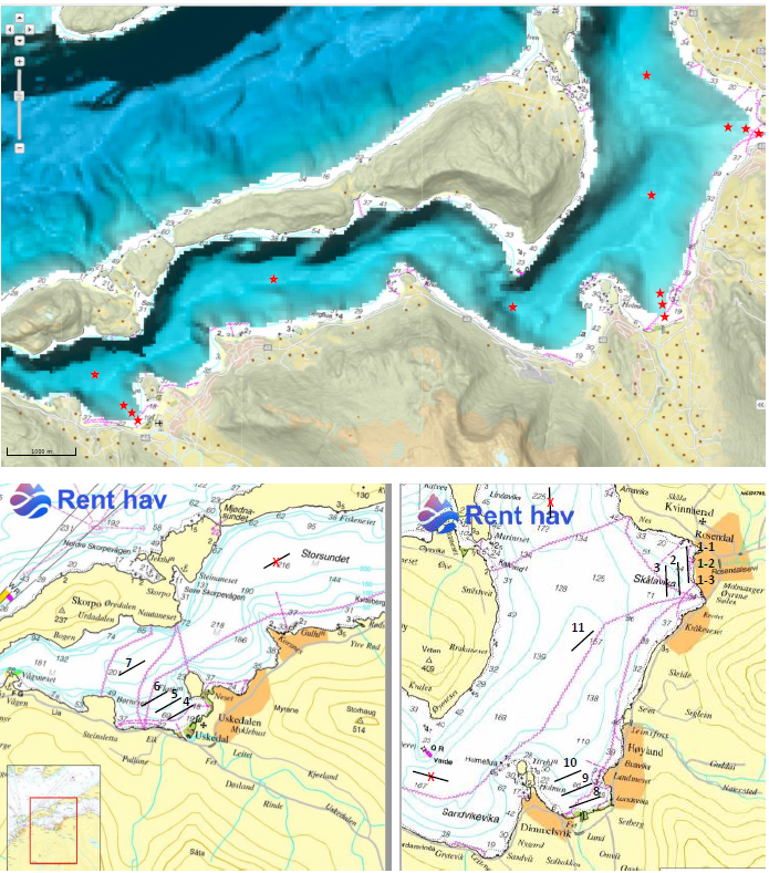 Øverst: et dybderelieff-kart som viser de 14 planlagte ROV-lokalitetene utenfor Uskedalen i Hardanger. Under vises plassering av de ROV-linjene som ble gjennomført.