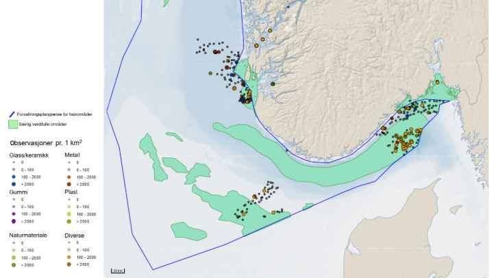Kart over observasjoner av søppel på havbunnen i Nordsjøen registrert i felt av kartleggingsprogrammet Mareano (www.mareano .no). Grønne områder indikerer særlig verdifulle og sårbare områder (SVO).