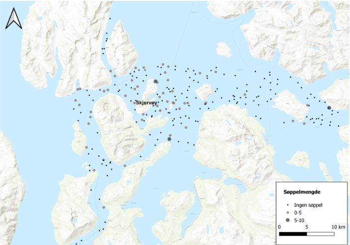 Kart over videotransekter med og uten observert søppel i Marine grunnkart-undersøkelser i Nord-Troms.