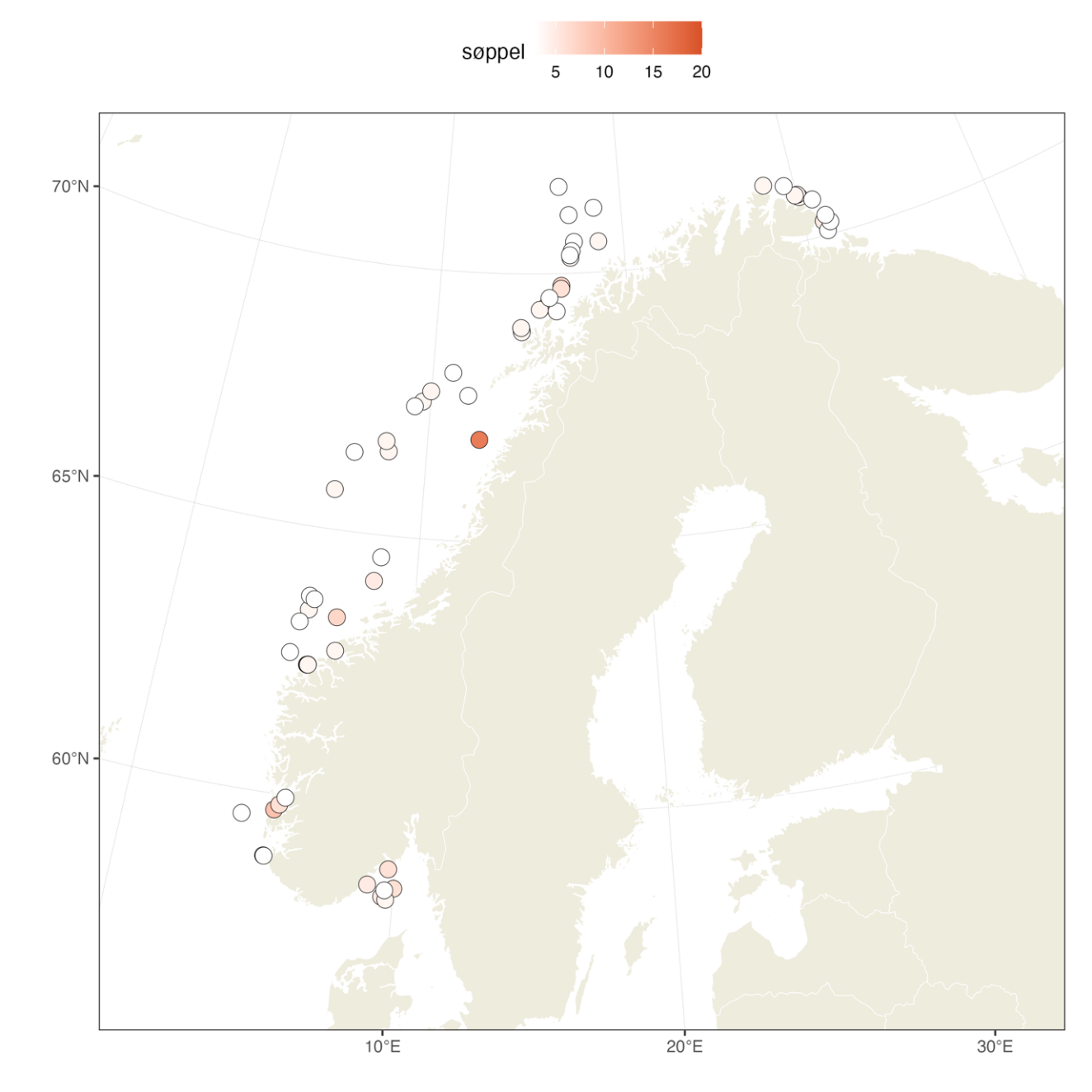 Kart som viser lokasjon og søppeltetthet per transekt hvor >3 gjenstander var rapportert i MAREANO 2006-2023. Totalt antall transekt var 66. 