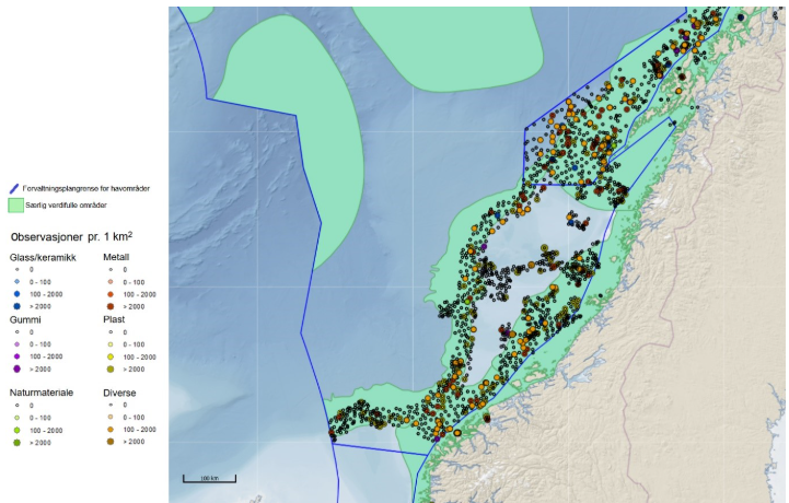 Kart over registreringer av søppel på havbunnen i Norskehavet registrert i Mareano. Grønne områder indikerer særlig verdifulle og sårbare områder (SVO) definert av faglig forum.