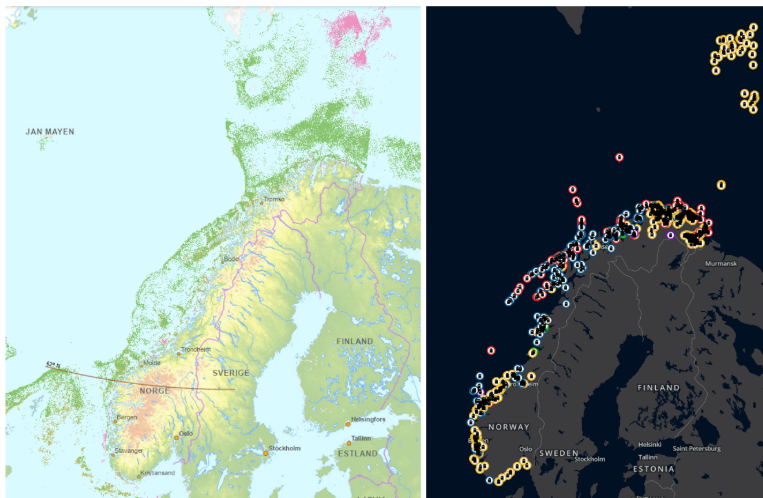 Kart med oversikt over fiskeriaktivitet nasjonalt (venstre), og oversikt over innrapporterte tapte redskap i Barentswatch (høyre).