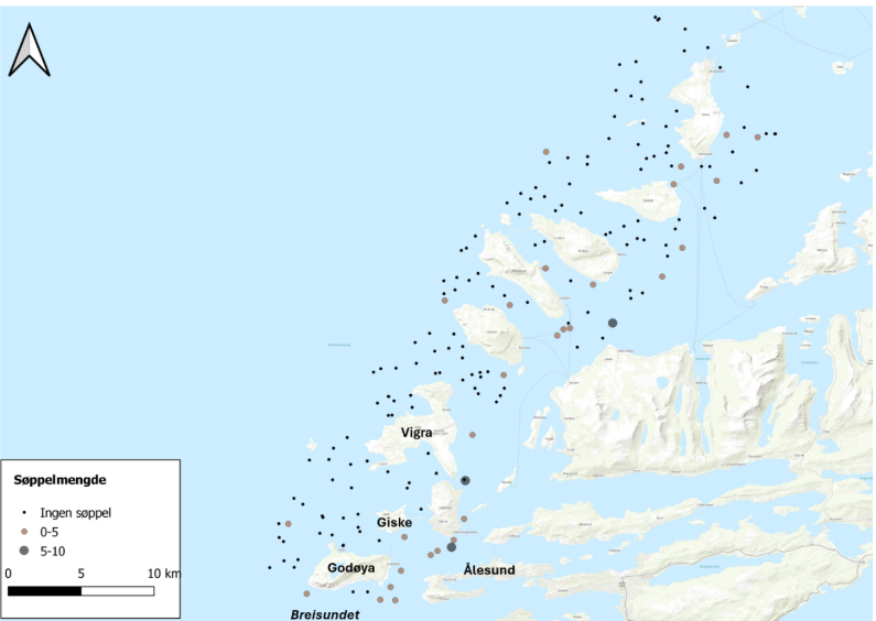 Kart over videotransekter med og uten observert søppel i Marine grunnkart-undersøkelser i Ålesund og Giske.