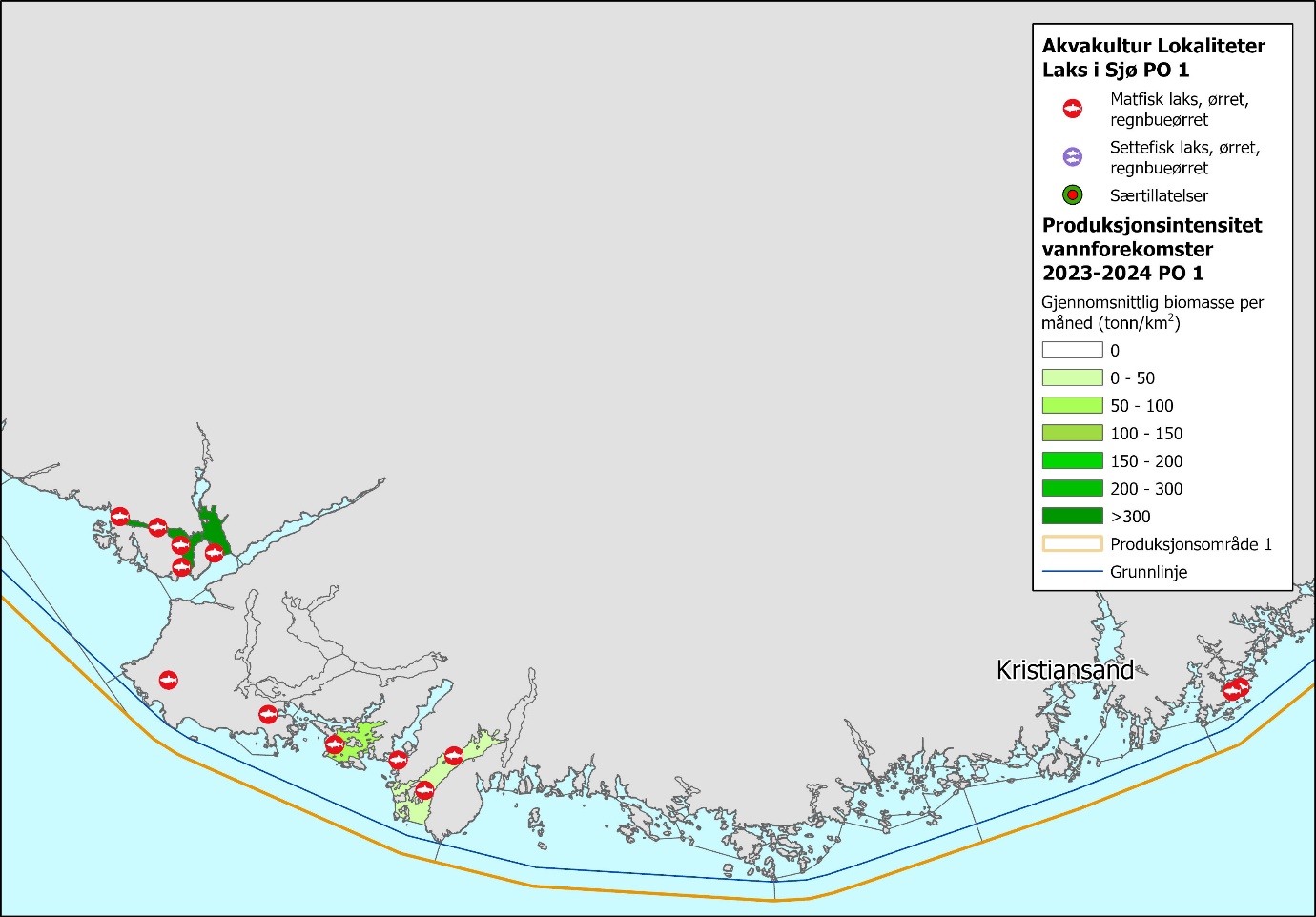 Figuren viser kartutsnitt av Sør-Norge, der den delen av PO1 med oppdrettsanlegg, er vist. Figuren viser spredte forekomster av lokaliteter, konsentrert rundt tre områder.  Gul linje viser produksjonsområde og blå linje viser grunnlinjen. En informasjonsboks til høyre viser symboler for akvakulturlokaliteter og fargeskala for produksjonsintensitet i vannforekomster. Fylte, røde sirkler med hvit fisk er «Matfisk laks, ørret og regnbueørret». Fylte lilla sirkler med hvite fisker er «Settefisk laks, ørret og regnbueørret». Fylte grønne sirkler med rød prikk er «Særtillatelser». Produksjonsintensitet i vannforekomster i produksjonsområde 2023–2024: Gjennomsnittlig biomasse per måned (tonn per km2) har skala fra hvit og nedover listen med mørkere grønnfarger i følgende intervaller: 0 (hvit), 0–50, 50–100, 100-150, 150–200, 200–300 og >300 (mørk grønn). 
