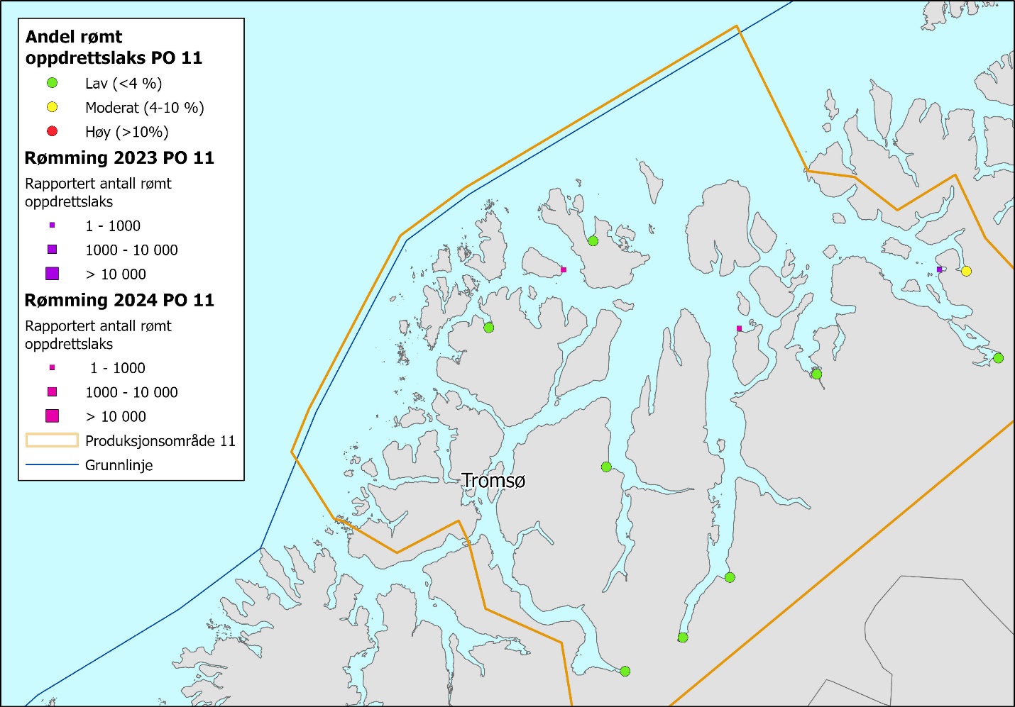 Figuren viser et kartutsnitt av deler av Nord-Norge, med PO11 innrammet i gult. Figuren viser spredte grønne prikker og en gule prikker, samt tre små lilla og rosa bokser. Infoboks til venstre i bildet har forklaringer av symboler i kartet. Andel rømt oppdrettslaks: Grønn, gul og rød prikk symboliserer henholdsvis Lav (< 4 %), Moderat (4–10 %) og Høy (> 10 %). Rømming 2023 «Rapportert antall rømt oppdrettslaks»: Liten, mellomstor og stor lilla boks representerer henholdsvis 1–1000, 1000–10 000 og > 10 000. Rømming 2024 «Rapportert antall rømt oppdrettslaks»: Liten, mellomstor og stor rosa boks representerer henholdsvis 1–1000, 1000–10 000 og > 10 000. 