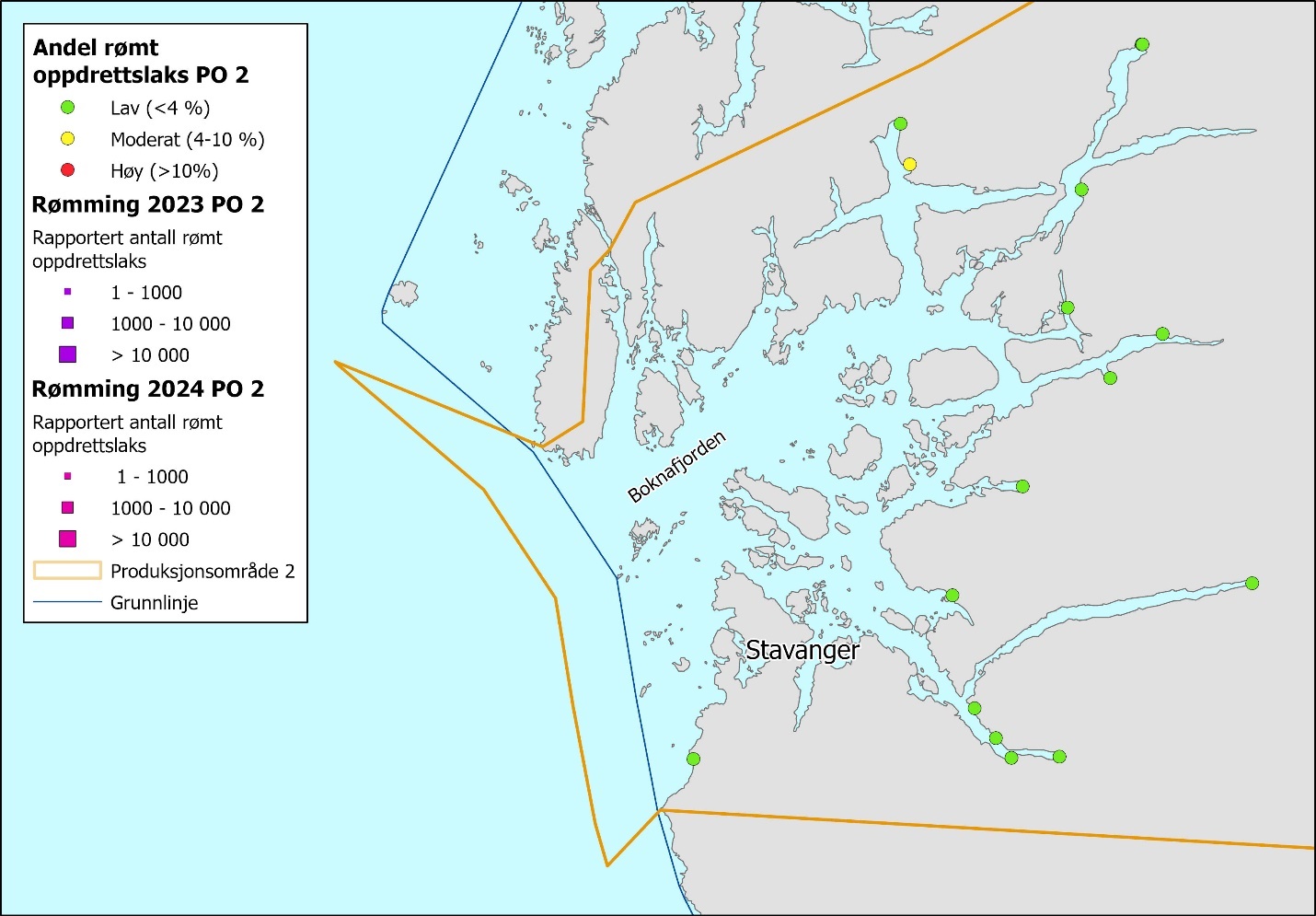 Figuren viser et kartutsnitt av Vest-Norge der PO2 er innrammet i gult. Figuren viser spredte grønne prikker og en gul prikk. Ingen lilla eller rosa bokser. Infoboks til venstre i bildet har forklaringer av symboler i kartet. Andel rømt oppdrettslaks: Grønn, gul og rød prikk symboliserer henholdsvis Lav (< 4 %), Moderat (4–10 %) og Høy (> 10 %). Rømming 2023 «Rapportert antall rømt oppdrettslaks»: Liten, mellomstor og stor lilla boks representerer henholdsvis 1–1000, 1000–10 000 og > 10 000. Rømming 2024 «Rapportert antall rømt oppdrettslaks»: Liten, mellomstor og stor rosa boks representerer henholdsvis 1–1000, 1000–10 000 og > 10 000. 