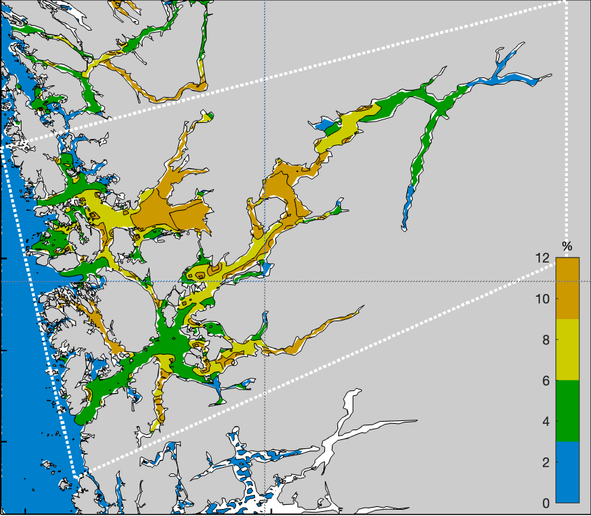 Figuren viser et kartutsnitt av deler av Vestlandet. Vannmassene har ulike farger som representerer følgende verdier: blå (0 til 3 %), grønn (3 til 6 %), gul (6 til 9 %) og oransje (9 til 12 %). 