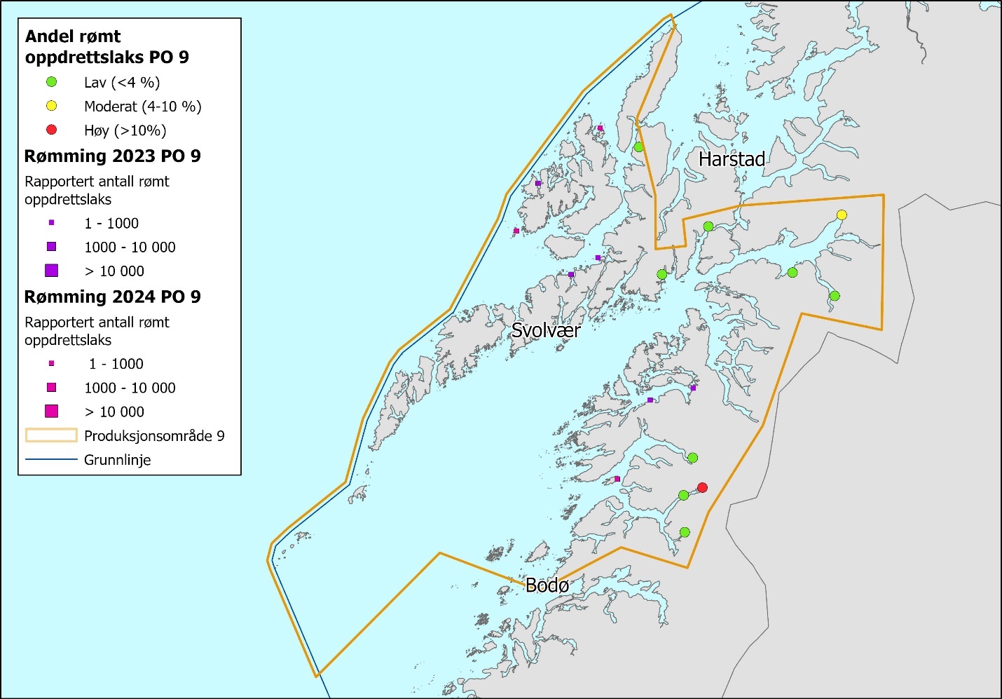 Figuren viser et kartutsnitt av deler av Midt-Norge, med PO9 innrammet i gult. Figuren viser spredte grønne prikker, en gul og en rød prikk, samt spredte små lilla og rosa bokser. Infoboks til venstre i bildet har forklaringer av symboler i kartet. Andel rømt oppdrettslaks: Grønn, gul og rød prikk symboliserer henholdsvis Lav (< 4 %), Moderat (4–10 %) og Høy (> 10 %). Rømming 2023 «Rapportert antall rømt oppdrettslaks»: Liten, mellomstor og stor lilla boks representerer henholdsvis 1–1000, 1000–10 000 og > 10 000. Rømming 2024 «Rapportert antall rømt oppdrettslaks»: Liten, mellomstor og stor rosa boks representerer henholdsvis 1–1000, 1000–10 000 og > 10 000. 